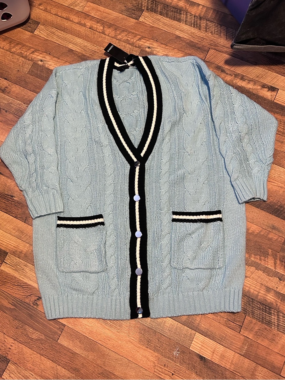 Torrid Light Blue Chinky Cable Knit Boyfriend Cardigan with Black & Cream Trim